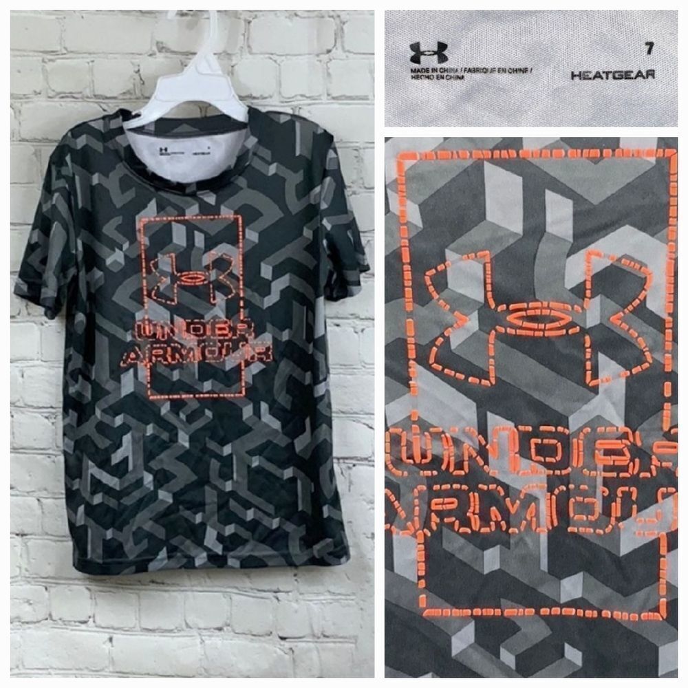 Under Armour HeatGear UA Orange Puff Paint Logo Black Grid Athletic Jersey Tee 7